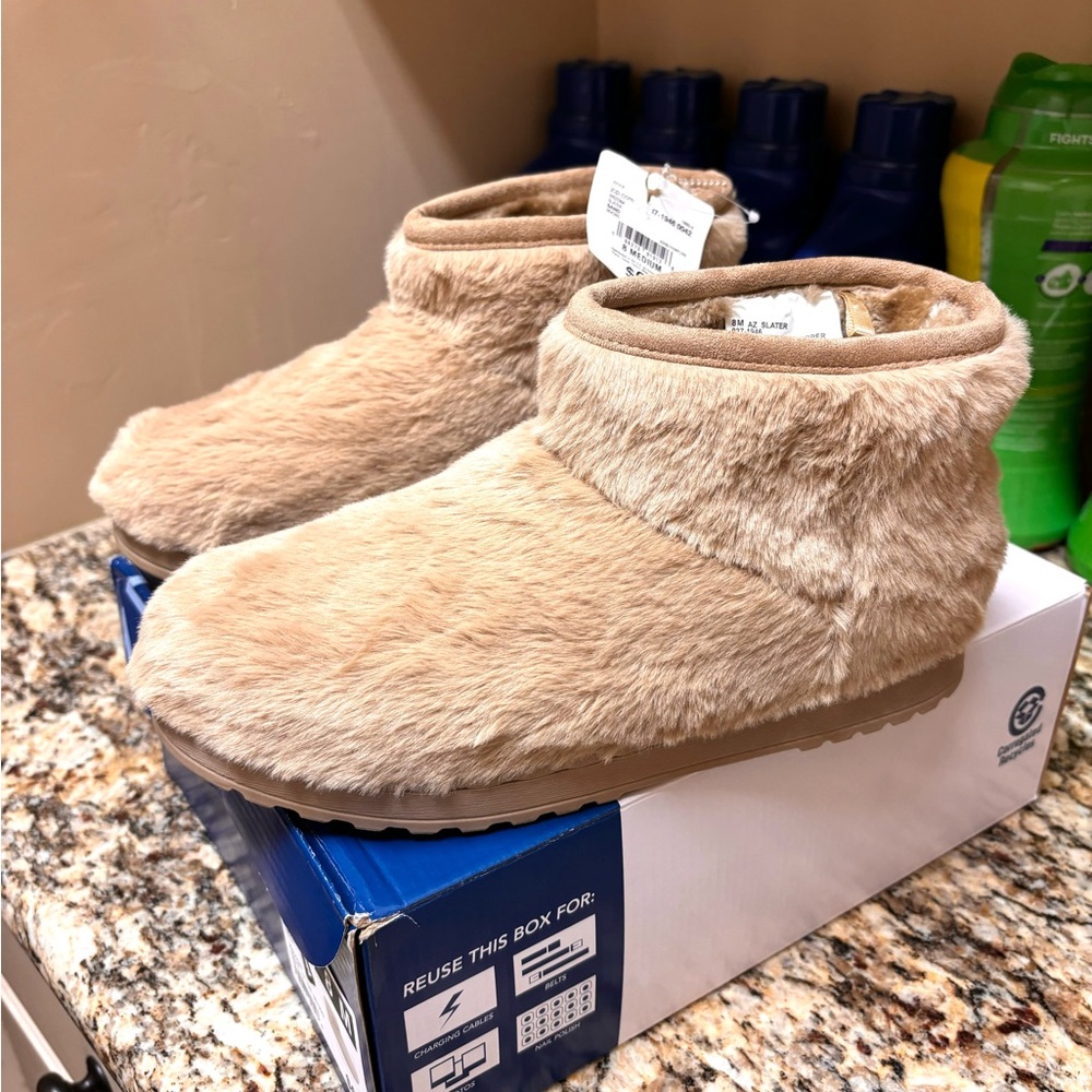 cozy fur ankle boots in tan.